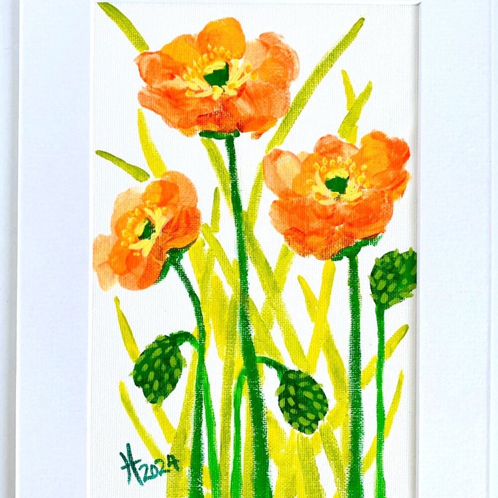 Orange Poppies 2 Original Wall Art Acrylic Painting White Mat 8x10in Frame Ready